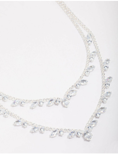 Silver Cubic Zirconia Double Layer Pear Stone Necklace