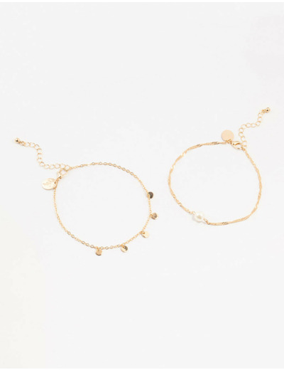 Gold Pearl Disc Pendant Anklets 2-Pack