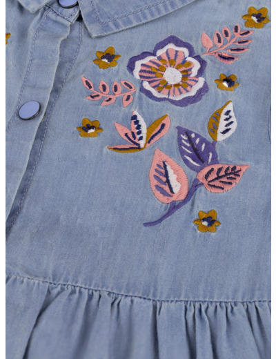 Robe effet denim avec broderies fleuries pour fille