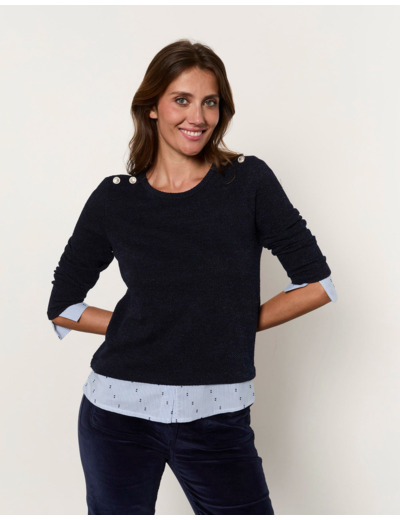 Pull fin bi-matière uni décoré MARINE Femme