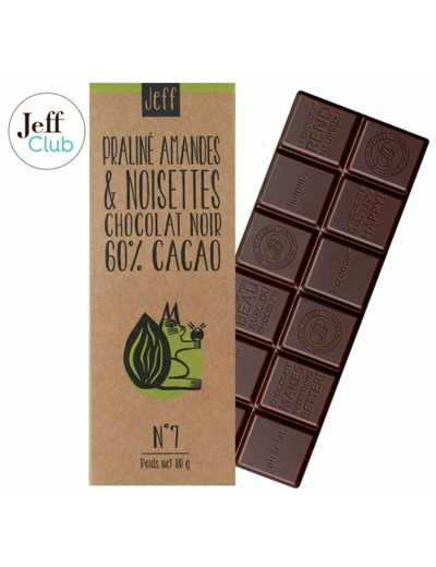 Tablette N°7 Chocolat noir 70%, praliné amandes et noisettes