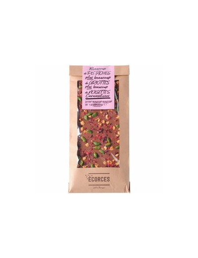 Écorce chocolat lait, pistaches, griottes et noisettes 135g