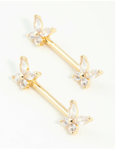 Gold Plated Surgical Steel Cubic Zirconia Butterfly Nipple Bars 2-Pack