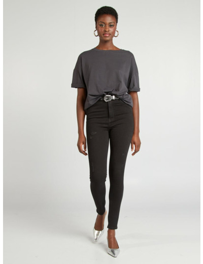 Jean slim taille haute avec abrasions fantaisies - Noir