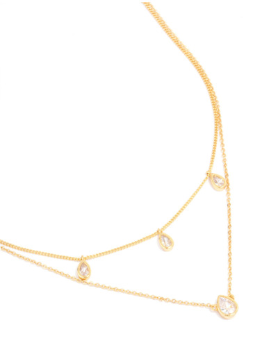 Gold Plated Cubic Zirconia Teardrop Layered Necklace