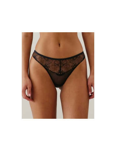 Tanga en mesh brodé fleuri noir