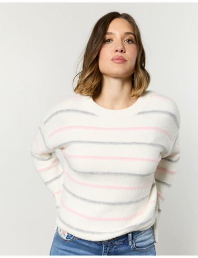 Pull épais contenant de la laine rayé BLANC Femme