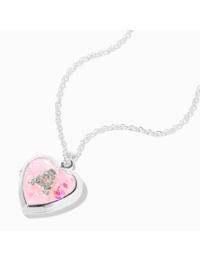 Collier à médaillon cœur pailleté à initiale décorée rose (A)