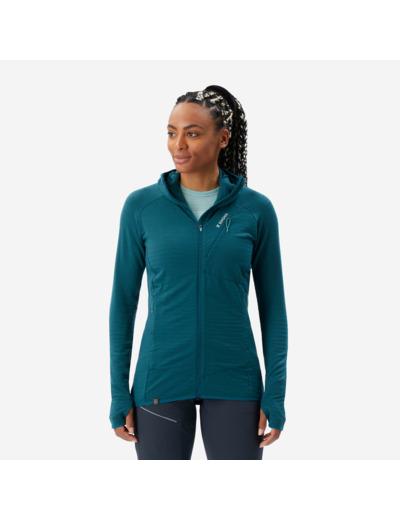 Pull technique à capuche en laine mérinos femme - alpinism bleu