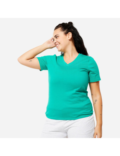 T-shirt col V fitness en coton femme, vert turquoise