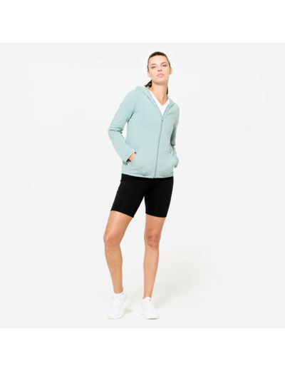 Sweat zippé fitness femme, vert fivré