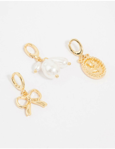 Gold Plated Pearl & Bow Charms 3-Pack