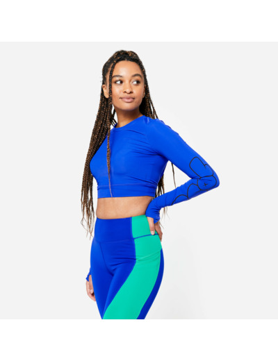 crop top manches longues femme, bleu imprimé