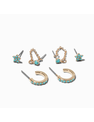 Boucles d’oreilles superposables étoiles couleur turquoise et couleur dorée - Lot de 3