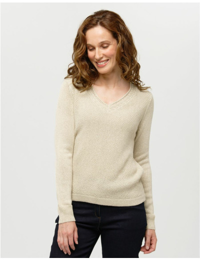 Pull maille beige fils or