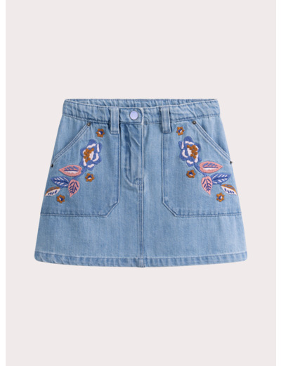 Jupe en denim bleu avec broderies fleuries pour fille