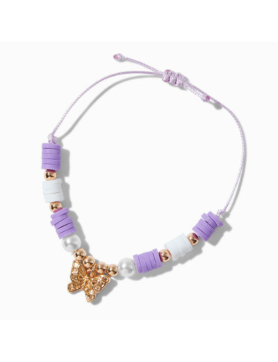 Bracelet réglable papillon perlé violet couleur dorée