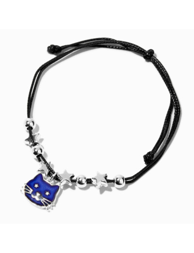 Bracelet en cordon noir étoiles et chat d’humeur bleus