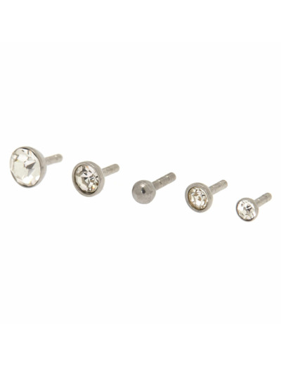 Clous arrière plat pour piercing labret avec strass et différents tops 1,2 mm couleur argentée - Lot de 5