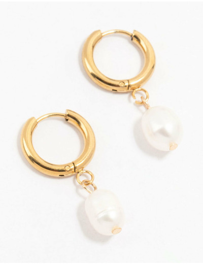 Waterproof Gold Plated Stainless Steel Freshwater Pearl Drop Huggie Earrings