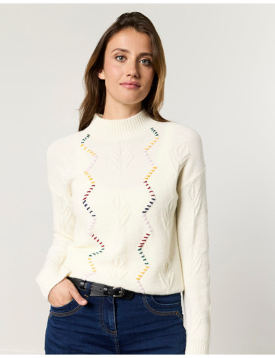 Pull épais uni décoré BLANC Femme