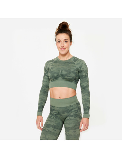 Tee-shirt crop top manches longues femme, vert