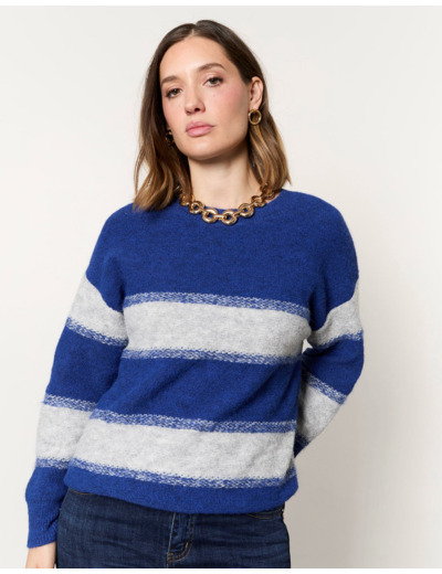 Pull épais contenant de la laine rayé BLEU Femme