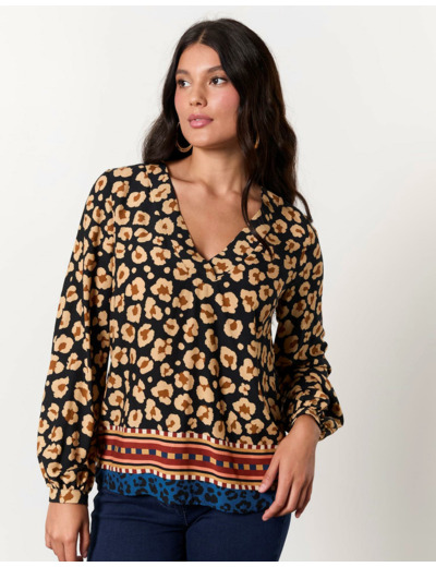 Blouse manches longues imprimé léopard NOIR Femme