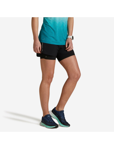 Short 2 en 1 running respirant femme - KIPRUN Run 500 Confort noir