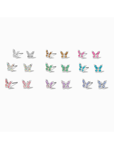 Clous d'oreilles papillon strass colorés - Lot de 9