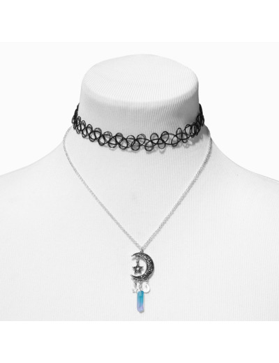 Ras-de-cou effet tatouage noir et pendentif strass mystique bleu croissant de lune - Lot de 2