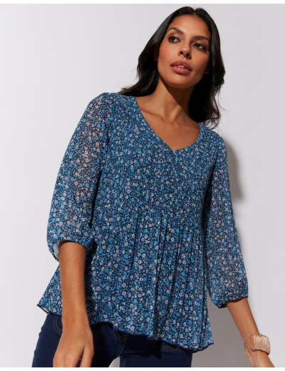 Blouse manches 3/4 imprimé à fleurs BLEU Femme